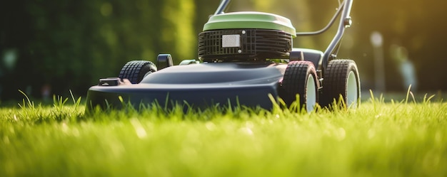 A lawn mower is being used to mow the grass panorama Generative Ai