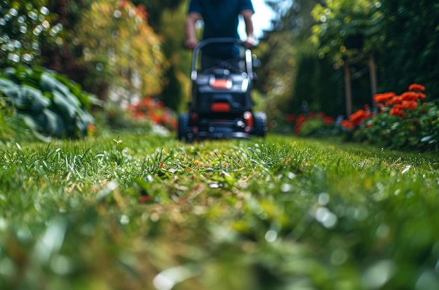 Photo lawn mower on the lawn lawn mower in the garden mowing the lawn