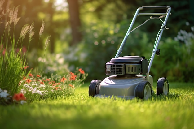 Lawn mower on lush green grass Generative AI
