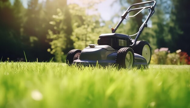 Photo lawn mower mowing fresh green grass