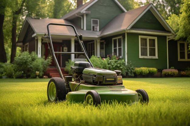 Lawn mower parked beside a freshly cut lawn