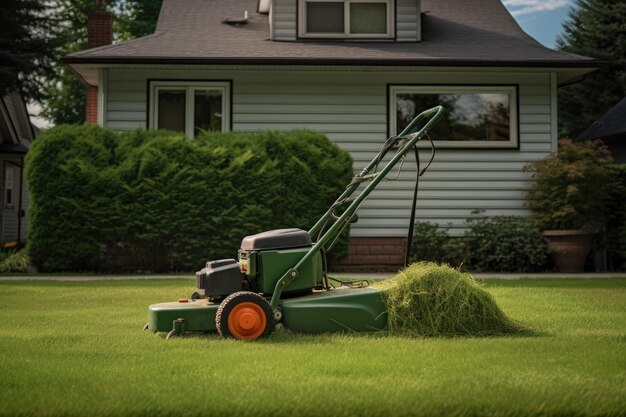 Lawn mower parked beside a freshly cut lawn