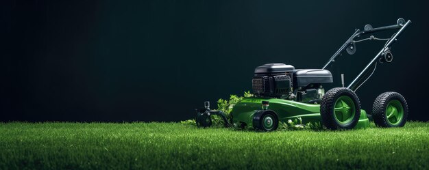 Lawn mower on perfect cut green grass dark green leaf wall panorama Generative Ai