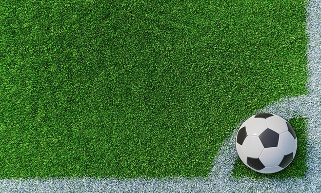 Lawn or soccer field with thick soft green grass A standard patterned soccer ball placed for corner kicks Top view Football field Background or Wallpaper 3D lawn 3D Rendering