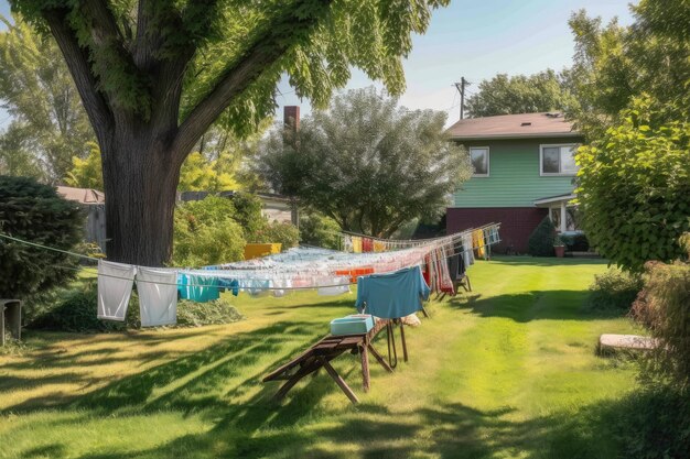 Photo a lawn with clotheslines and laundry on a sunny day