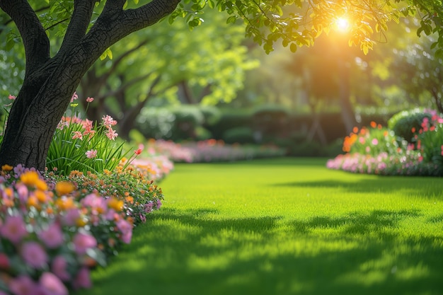 Foto prato con fiori nel giardino primaverile sotto i raggi del sole