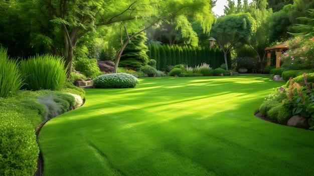 A lawn with a green lawn and trees in the background