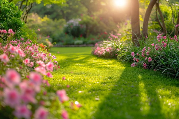 Lawn with pink flowers in spring garden under sunshines