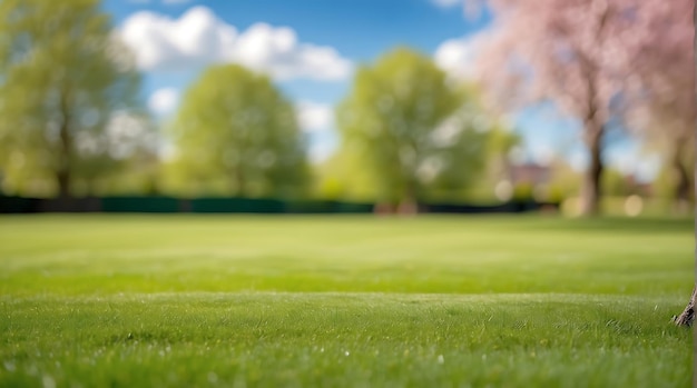 a lawn with a tree in the background