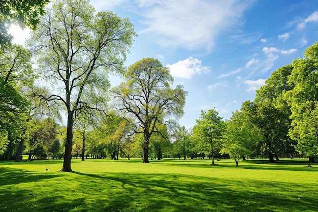 Lawns and trees in the park with blue sky