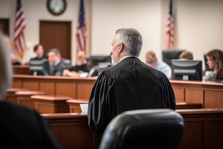 Lawyer addressing the judge in a courtroom capturing a significant legal proceeding moment