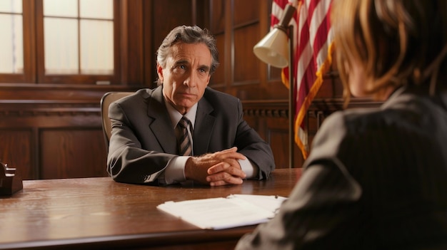 Photo a lawyer conducting a deposition with a witness