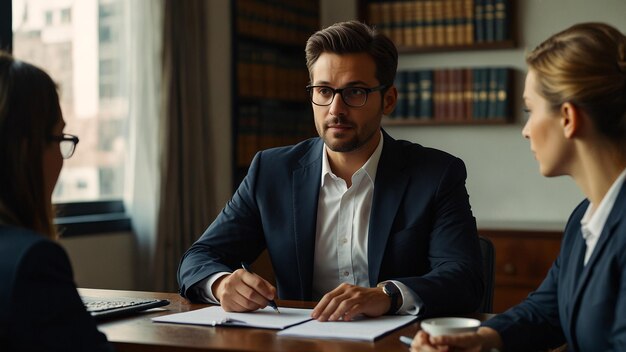 Lawyer discussing case details with clients in office generated by AI