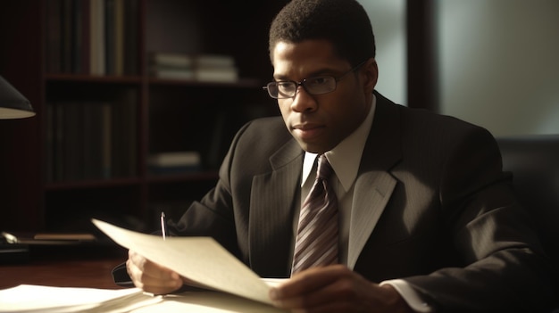 弁護士 男性 アフリカ系アメリカ人 30代 法律事務所オフィスで法的書類を検討 ジェネレーティブAI AIG22