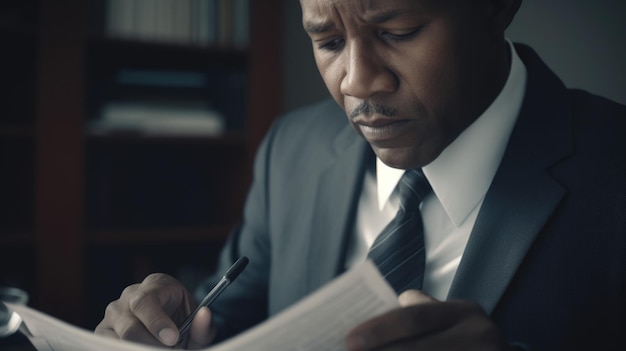 弁護士 男性 アフリカ系アメリカ人 成熟した 法律事務所で法的文書を読む Generative AI AIG22