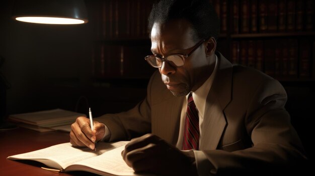 사진 변호사 남성 아프리카계 미국인 중년 법률 회사 generative ai aig22의 책상에서 법률 문서 읽기