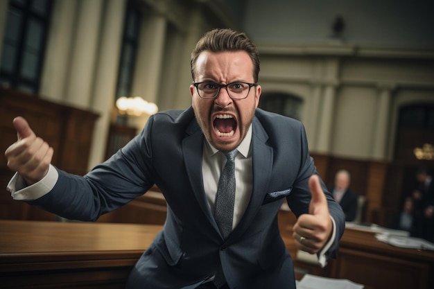 Photo lawyer presenting arguments in a courtroom with co