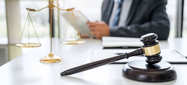 Lawyer working on a documents in courtroom