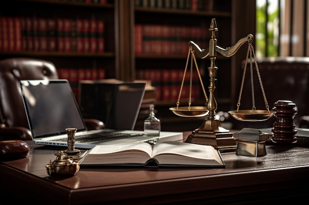 Адвокатский стол с юридическими блокнотами, ноутбуком и весами.