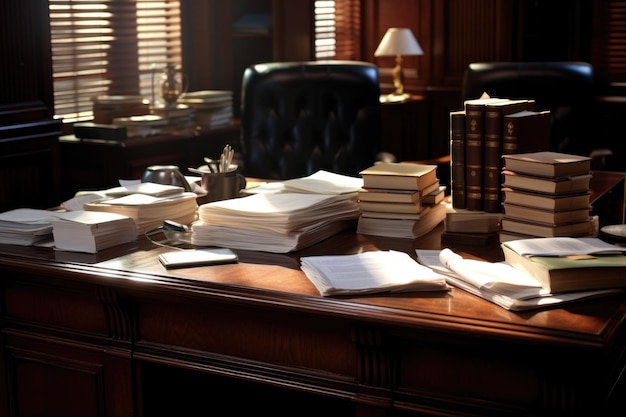 A lawyers office desk with a group of law books and paper stacks