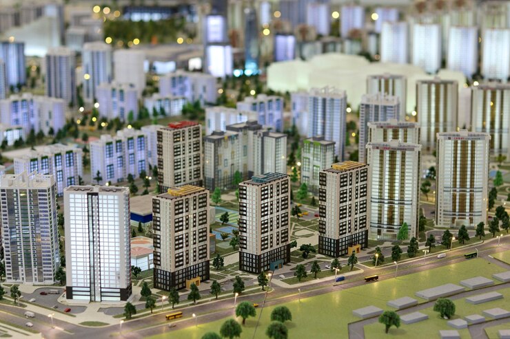 Lay-out van de stad bovenaanzicht miniatuur van stedelijke hoogbouw