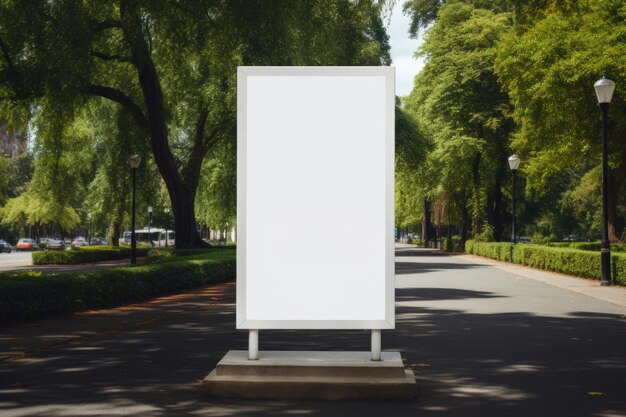 Lay-out van een witte buitenreclameposter in een park met bomen