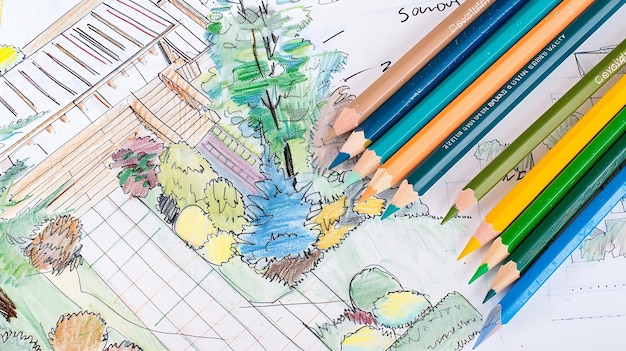 Foto lay-outplan van huis landschapsontwerp of tuinontwerp tekening met kleurpotlood op whi generatieve ai