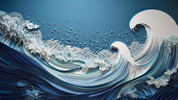 Layer Paper Art Waves on a Blue Ocean