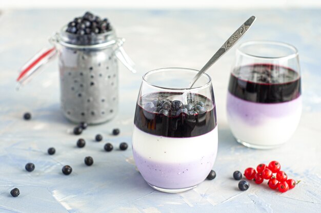 Layered blueberry dessert with cottage cheese in glasses