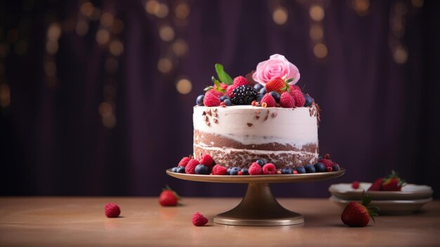 A layered cake topped with berries and a pink rose on a stand