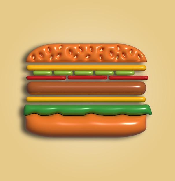 Layered cheeseburger with cutlet 3D rendering illustration