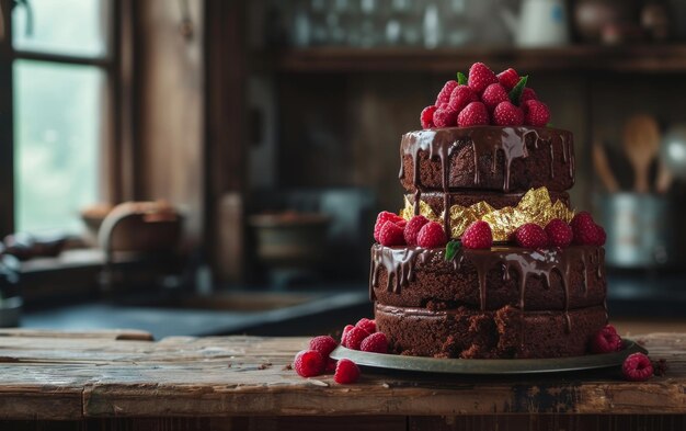 Layered chocolate cake with raspberries and gold leaf topping drizzled with ganache