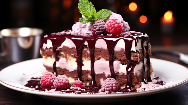 Layered chocolate raspberry cheesecake on rustic wood plate