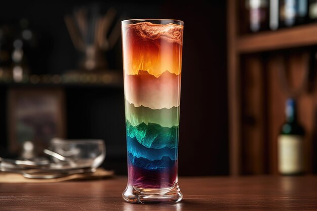 Layered cocktail with distinct colors in a tall glass