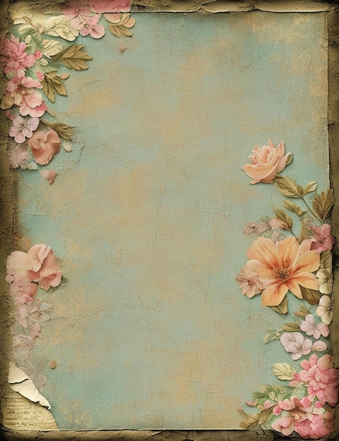 Layered collage with vintage textures and worn out materials with flowers background