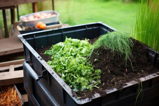 Layered compost bin with grass clippings and kitchen waste