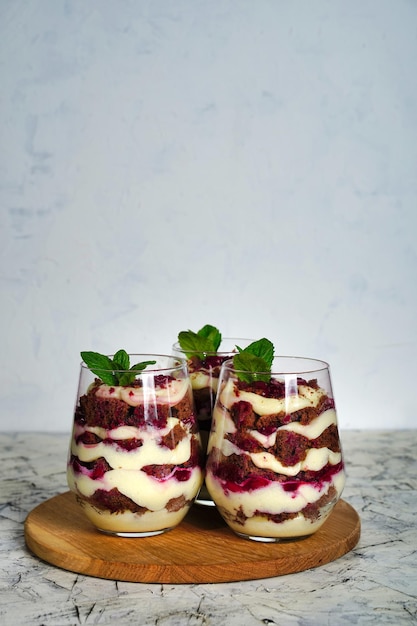 Photo layered dessert with chocolate cake and whipped cream