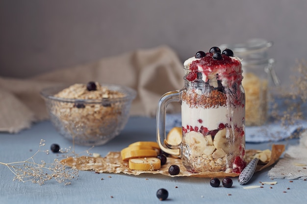 Layered dessert with muesli