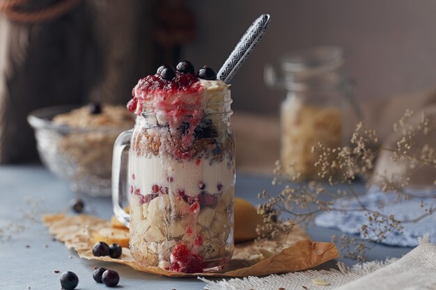 Layered dessert with muesli