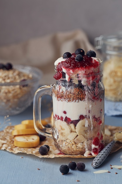 Layered dessert with muesli