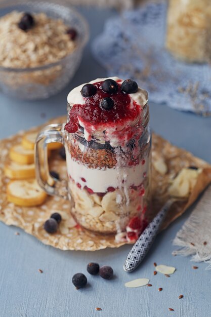 Layered dessert with muesli