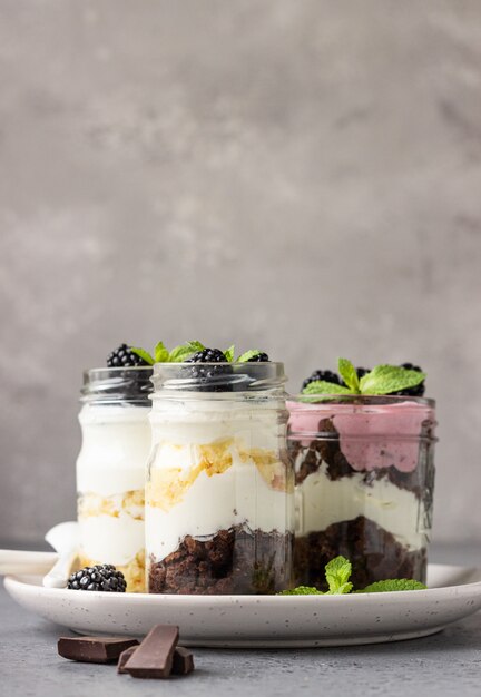 Layered desserts with vanilla and chocolate cake, whipped cream and blackberries 