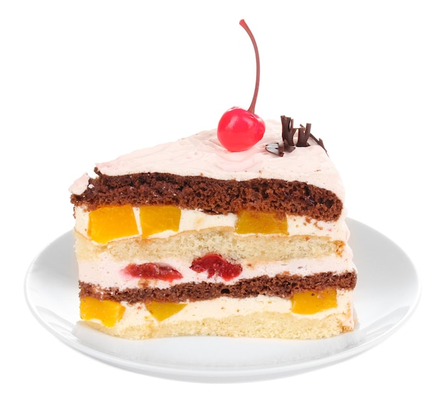 Layered fruit cake isolated on white