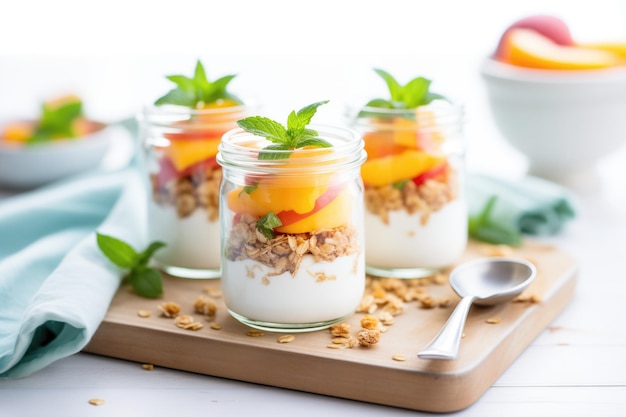 Layered granola parfaits with yogurt and peaches in glasses