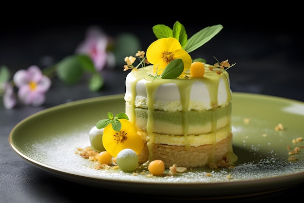 Layered matcha cake with pistachio and vanilla souffle and matcha powder cream on dark background Healthy sweet food concept Matcha dessert garnished with edible flowers Matcha sweets