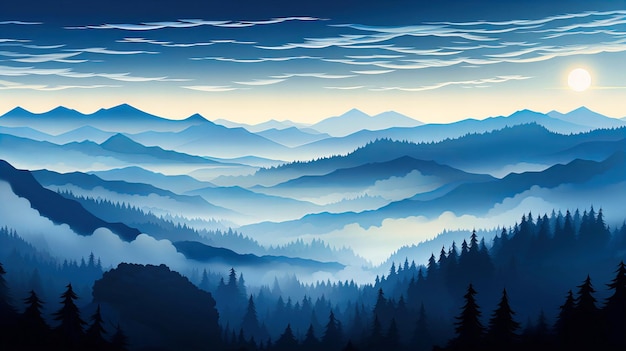 Layered mountain ranges bask under ethereal sunlight amidst morning fog and whispering pines