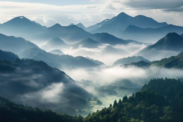 Foto la vista delle montagne è ricoperta da una morbida nebbia mattutina