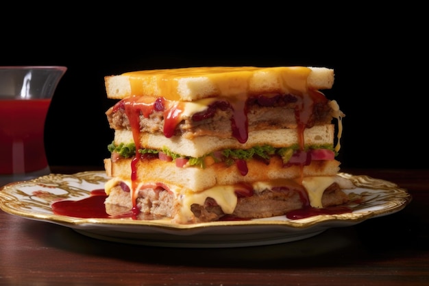 Layered sandwich with sauce dripping down created with generative ai