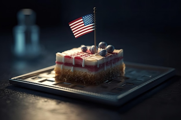 愛国的な色のアメリカの国旗と層状のスポンジ ケーキ アメリカの祝日 7 月 3 日