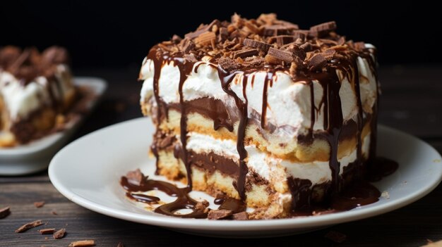 Photo layered sweet pie with whipped cream and chocolate